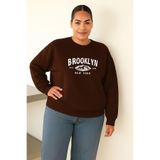 BENROMA 3 Iplik Penye Brooklyn Baskılı Büyük Beden Unisex Sweatshirt, Kahverengi, XL