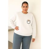 BENROMA 3 Iplik Penye Cep Papatya Baskılı Büyük Beden Unisex Sweatshirt, Beyaz, 3XL