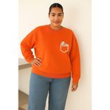 BENROMA 3 Iplik Penye Cep Papatya Baskılı Büyük Beden Unisex Sweatshirt, Turuncu, S