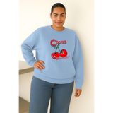 BENROMA 3 Iplik Penye Cherry Kiraz Baskılı Büyük Beden Unisex Sweatshirt, Bebe Mavisi, 3XL