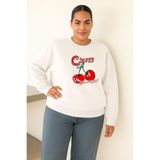 BENROMA 3 Iplik Penye Cherry Kiraz Baskılı Büyük Beden Unisex Sweatshirt, Beyaz, 4XL