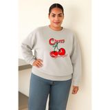 BENROMA 3 Iplik Penye Cherry Kiraz Baskılı Büyük Beden Unisex Sweatshirt, Gri, 5XL