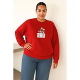 BENROMA 3 Iplik Penye Çiçekli Fotoğraf Makinesi Baskılı Büyük Beden Unisex Sweatshirt, Kırmızı, 2XL