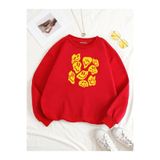 BENROMA 3 Iplik Penye Çocuk Unisex Gülen Yüzler Baskılı Bisiklet Yaka Sweatshirt, Kırmızı, 11-12 Yaş