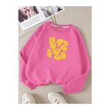 BENROMA 3 Iplik Penye Çocuk Unisex Gülen Yüzler Baskılı Bisiklet Yaka Sweatshirt, Pembe, 9-10 Yaş