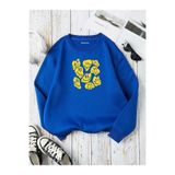 BENROMA 3 Iplik Penye Çocuk Unisex Gülen Yüzler Baskılı Bisiklet Yaka Sweatshirt, Saks, 7-8 Yaş