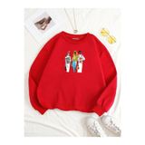 BENROMA 3 Iplik Penye Çocuk Unisex Üç Kiz Baskılı Bisiklet Yaka Sweatshirt, Kırmızı, 9-10 Yaş