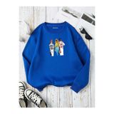 BENROMA 3 Iplik Penye Çocuk Unisex Üç Kiz Baskılı Bisiklet Yaka Sweatshirt, Saks, 9-10 Yaş