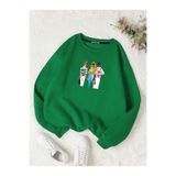 BENROMA 3 Iplik Penye Çocuk Unisex Üç Kiz Baskılı Bisiklet Yaka Sweatshirt, Yeşil, 9-10 Yaş