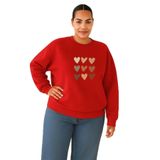 BENROMA 3 Iplik Penye Çoklu Kalp Baskılı Büyük Beden Unisex Sweatshirt, Kırmızı, 3XL