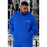 BENROMA 3 Iplik Penye Dağ Baskılı Büyük Beden Sweatshirt, Saks Mavisi, XL