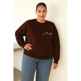 Benroma 3 İplik Penye Dağ Baskılı Büyük Beden Unisex Sweatshirt KAPYET2025BNRQ2, Kahverengi, L