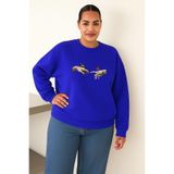BENROMA 3 Iplik Penye El Parmak Baskılı Büyük Beden Unisex Sweatshirt, Saks Mavisi, S