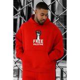 BENROMA 3 Iplik Penye Free Özgür Filistin Baskılı Büyük Beden Sweatshirt, Kirmizi, 5XL