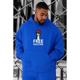 BENROMA 3 Iplik Penye Free Özgür Filistin Baskılı Büyük Beden Sweatshirt, Saks Mavisi, 5XL