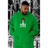 BENROMA 3 Iplik Penye Free Özgür Filistin Baskılı Büyük Beden Sweatshirt, Yeşil, 4XL
