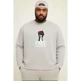BENROMA 3 Iplik Penye Free Palestine Baskılı Büyük Beden Unisex Sweatshirt, Gri, 2XL