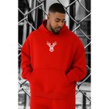 BENROMA 3 Iplik Penye Geyik Baskılı Büyük Beden Sweatshirt, Kirmizi, 3XL