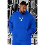 BENROMA 3 Iplik Penye Geyik Baskılı Büyük Beden Sweatshirt, Saks Mavisi, 2XL