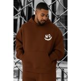 BENROMA 3 Iplik Penye Gülen Yüz No Baskılı Büyük Beden Sweatshirt, Kahverengi, S