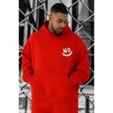 BENROMA 3 Iplik Penye Gülen Yüz No Baskılı Büyük Beden Sweatshirt, Kirmizi, 3XL