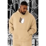 BENROMA 3 Iplik Penye Kahve Baskılı Büyük Beden Sweatshirt, Bej, M
