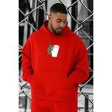 BENROMA 3 Iplik Penye Kahve Baskılı Büyük Beden Sweatshirt, Kirmizi, 2XL