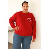 BENROMA 3 Iplik Penye Kalp Baskılı Büyük Beden Unisex Sweatshirt, Kırmızı, 4XL