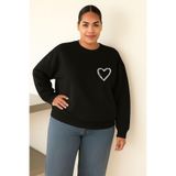 BENROMA 3 Iplik Penye Kalp Baskılı Büyük Beden Unisex Sweatshirt, Siyah, 5XL