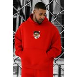 BENROMA 3 Iplik Penye Kaplan Baskılı Büyük Beden Sweatshirt, Kirmizi, 5XL