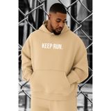 BENROMA 3 Iplik Penye Keep Run Baskılı Büyük Beden Sweatshirt, Bej, 2XL