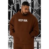 BENROMA 3 Iplik Penye Keep Run Baskılı Büyük Beden Sweatshirt, Kahverengi, 3XL