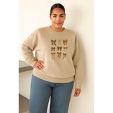 BENROMA 3 Iplik Penye Kurdelalar Baskılı Büyük Beden Unisex Sweatshirt, Bej, 2XL
