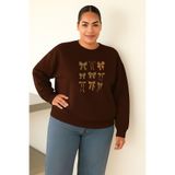 BENROMA 3 Iplik Penye Kurdelalar Baskılı Büyük Beden Unisex Sweatshirt, Kahverengi, 5XL