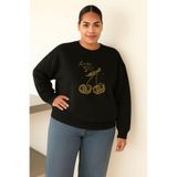 BENROMA 3 Iplik Penye Lucky Girl! Baskılı Büyük Beden Unisex Sweatshirt, Siyah, 3XL