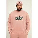 BENROMA 3 Iplik Penye Money Baskılı Büyük Beden Unisex Sweatshirt, Pembe, XL