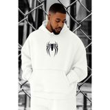 BENROMA 3 Iplik Penye Örümcek Baskılı Büyük Beden Sweatshirt, Beyaz, L, KAPYETDMW34