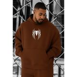 BENROMA 3 Iplik Penye Örümcek Baskılı Büyük Beden Sweatshirt, Kahverengi, XL, KAPYETDMW34