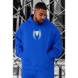 BENROMA 3 Iplik Penye Örümcek Baskılı Büyük Beden Sweatshirt, Saks Mavisi, S, KAPYETDMW34