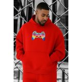 BENROMA 3 Iplik Penye Oyun Konsol Baskılı Büyük Beden Sweatshirt, Kirmizi, 3XL