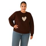 BENROMA 3 Iplik Penye Patili Kalp Baskılı Büyük Beden Unisex Sweatshirt, Kahverengi, L