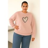 BENROMA 3 Iplik Penye Patili Kalp Baskılı Büyük Beden Unisex Sweatshirt, Pembe, 3XL