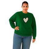 BENROMA 3 Iplik Penye Patili Kalp Baskılı Büyük Beden Unisex Sweatshirt, Yeşil, M