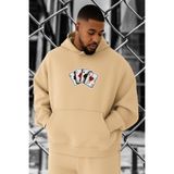 BENROMA 3 Iplik Penye Poker Kart Baskılı Büyük Beden Sweatshirt, Bej, L