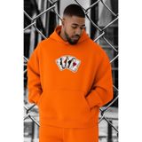 BENROMA 3 Iplik Penye Poker Kart Baskılı Büyük Beden Sweatshirt, Turuncu, 2XL
