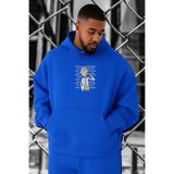 BENROMA 3 Iplik Penye Rick Morty Baskılı Büyük Beden Sweatshirt, Saks Mavisi, L
