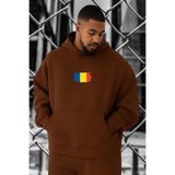 BENROMA 3 Iplik Penye Romanya Baskılı Büyük Beden Sweatshirt, Kahverengi, 4XL