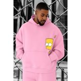 BENROMA 3 Iplik Penye Simpsons Baskılı Büyük Beden Sweatshirt, Pembe, XL