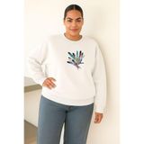 BENROMA 3 Iplik Penye Tüy Baskılı Büyük Beden Unisex Sweatshirt, Beyaz, 5XL