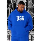 BENROMA 3 Iplik Penye USA Baskılı Büyük Beden Sweatshirt, Saks Mavisi, XL